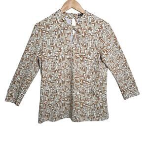 J McLaughlin‎ Brown Ivory Catalina Tunic Top Twist Neck Geometric Print SZ Med